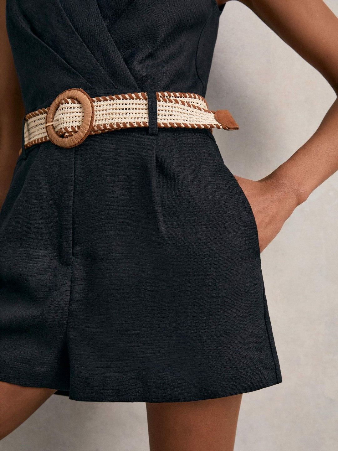 Linen Belted Sleeveless Wrap Playsuit in Navy Women | Reiss