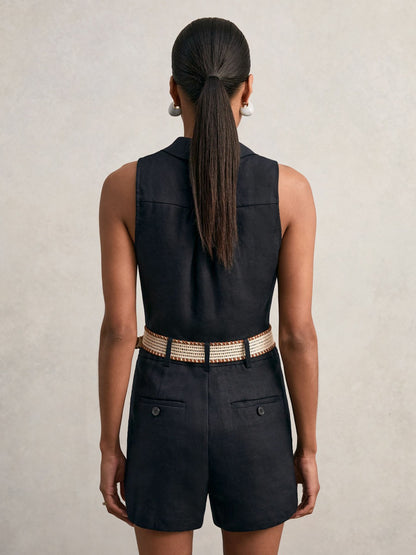 Linen Belted Sleeveless Wrap Playsuit in Navy Women | Reiss