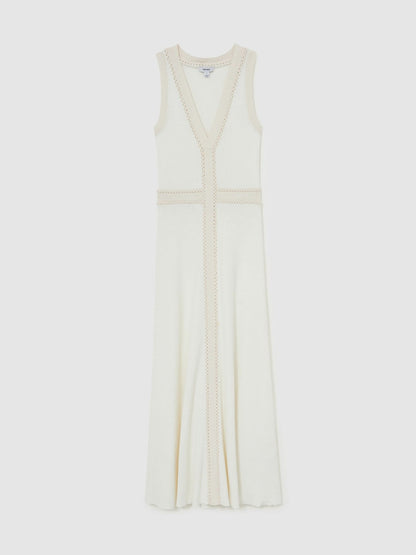 Craft-Stitch Knitted Midi Dress in Ivory Women | Reiss