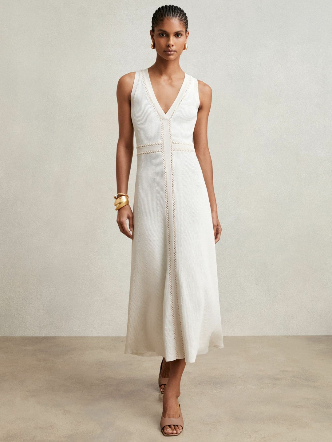 Craft-Stitch Knitted Midi Dress in Ivory Women | Reiss