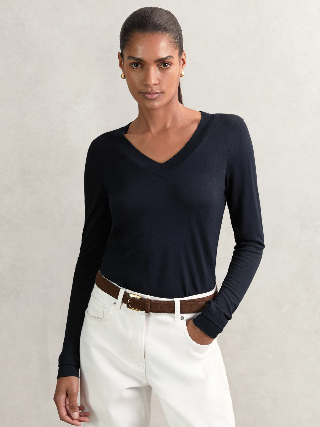 Jersey V-Neck Top in Navy Women | Reiss