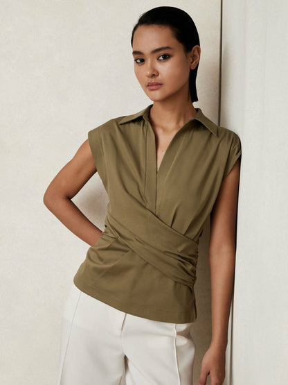 Stretch-Cotton Wrap-Front Collar Top in Khaki Green Women | Reiss