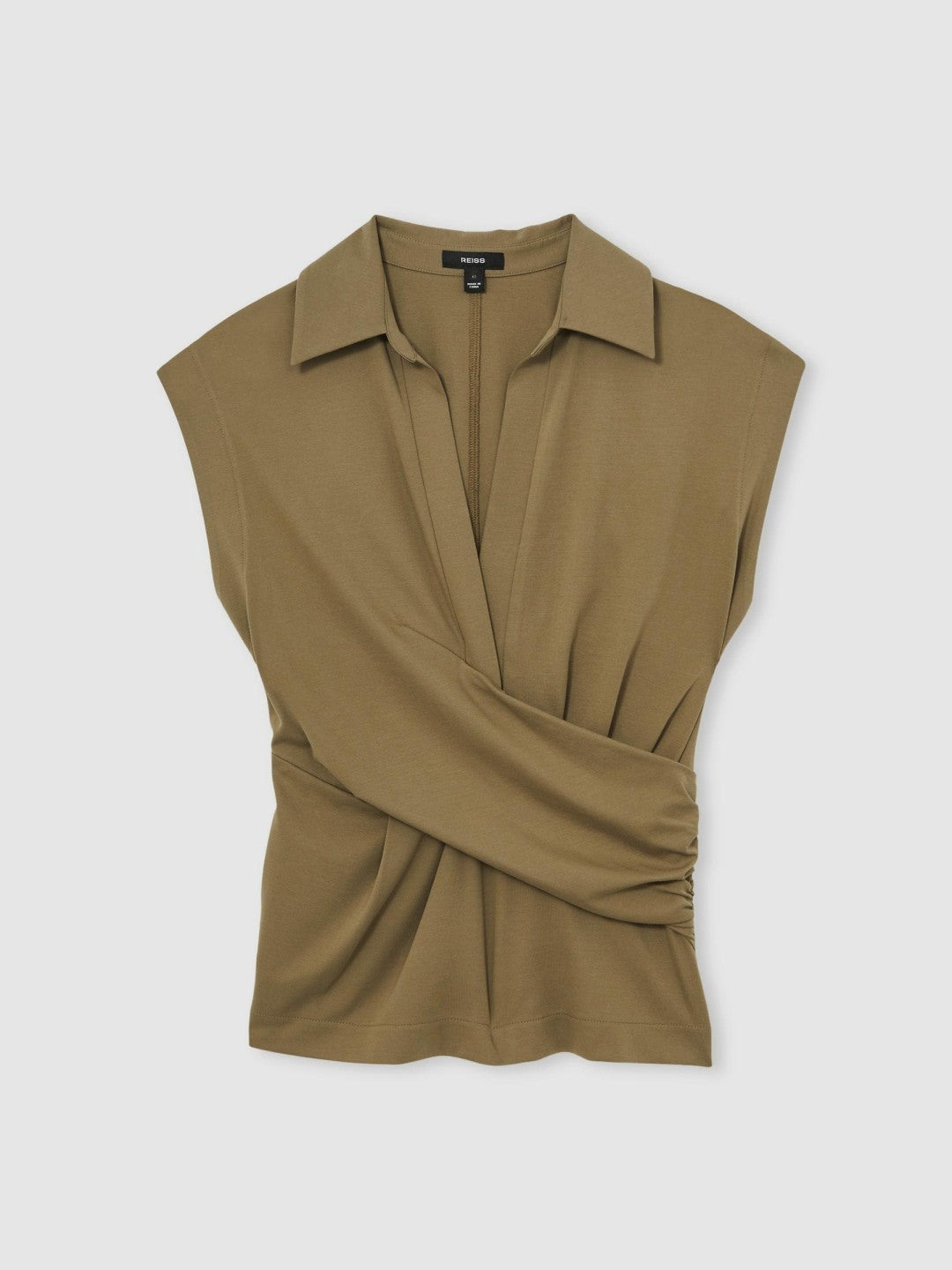 Stretch-Cotton Wrap-Front Collar Top in Khaki Green Women | Reiss