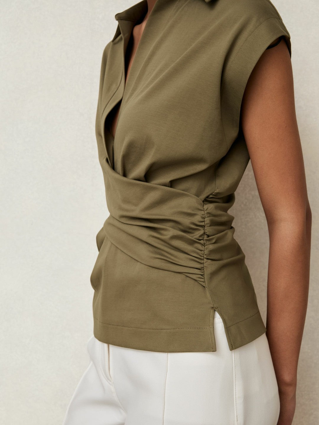 Stretch-Cotton Wrap-Front Collar Top in Khaki Green Women | Reiss
