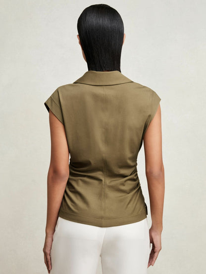 Stretch-Cotton Wrap-Front Collar Top in Khaki Green Women | Reiss