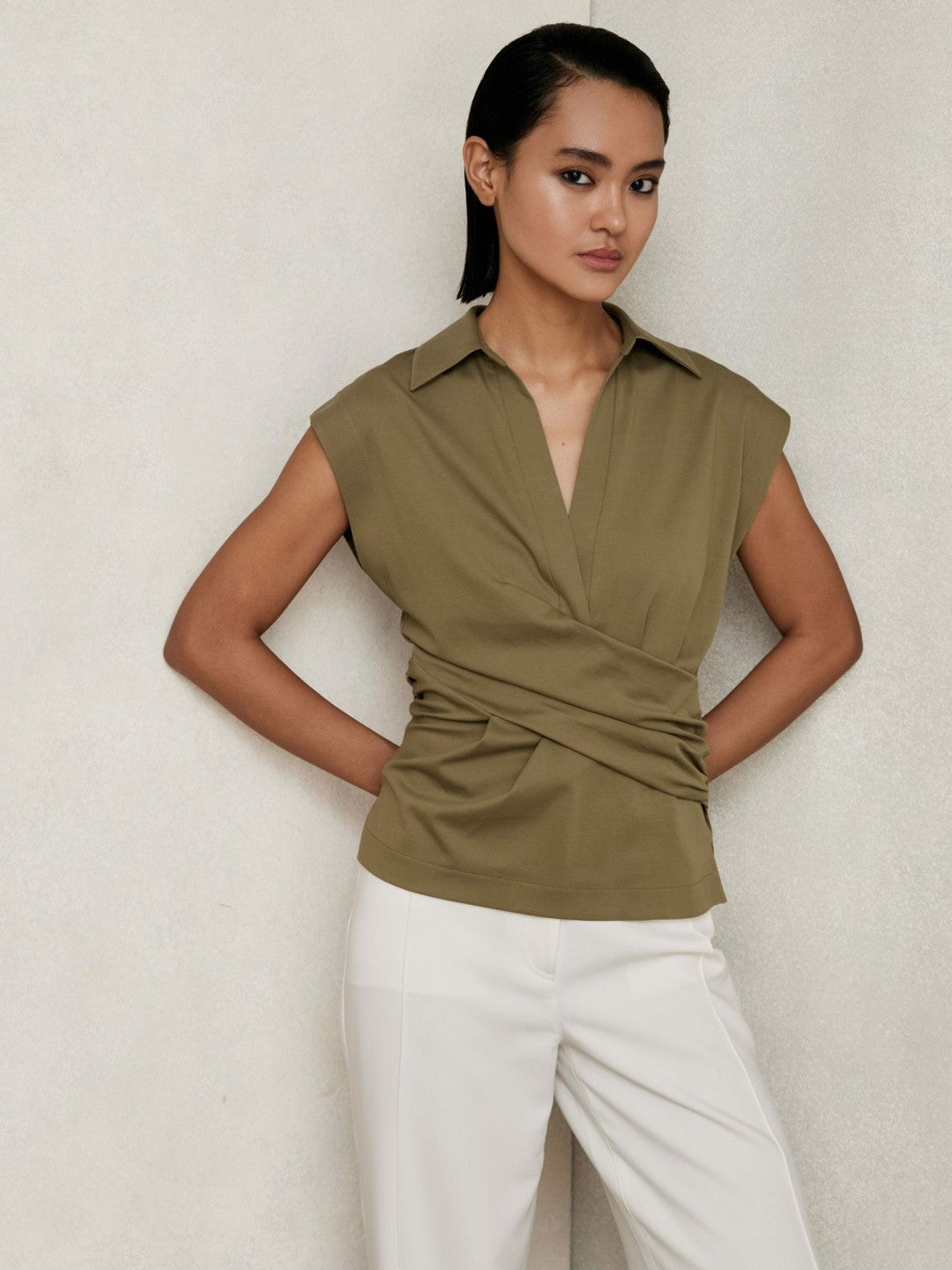 Stretch-Cotton Wrap-Front Collar Top in Khaki Green Women | Reiss