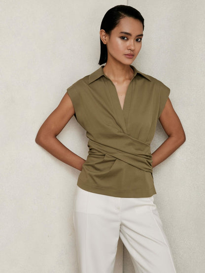 Stretch-Cotton Wrap-Front Collar Top in Khaki Green Women | Reiss