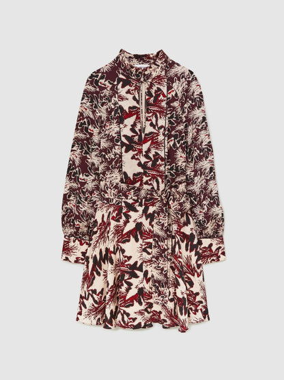 Printed Tie-Waist Flippy Mini Dress in Burgundy/Cream Women | Reiss