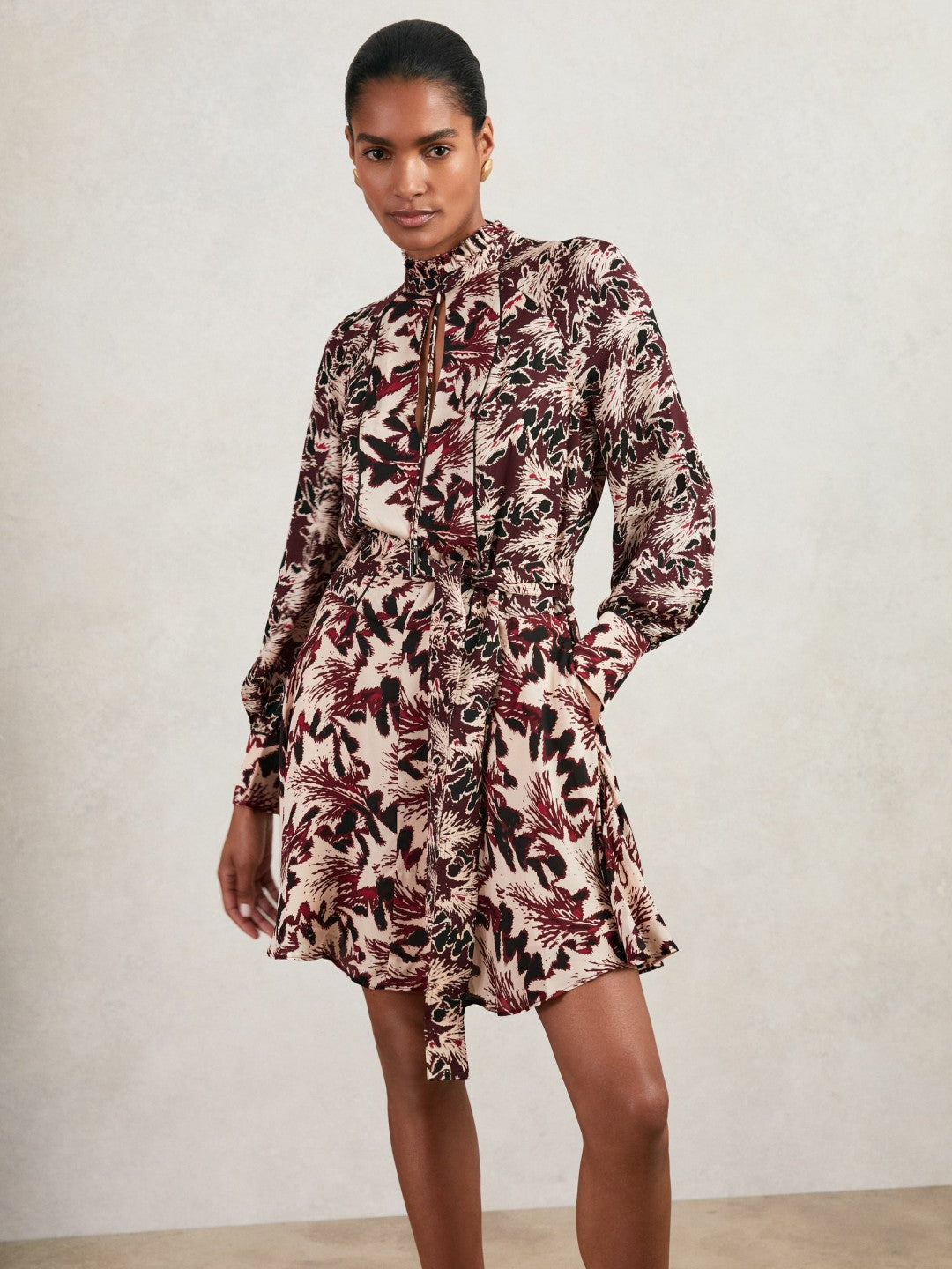 Printed Tie-Waist Flippy Mini Dress in Burgundy/Cream Women | Reiss