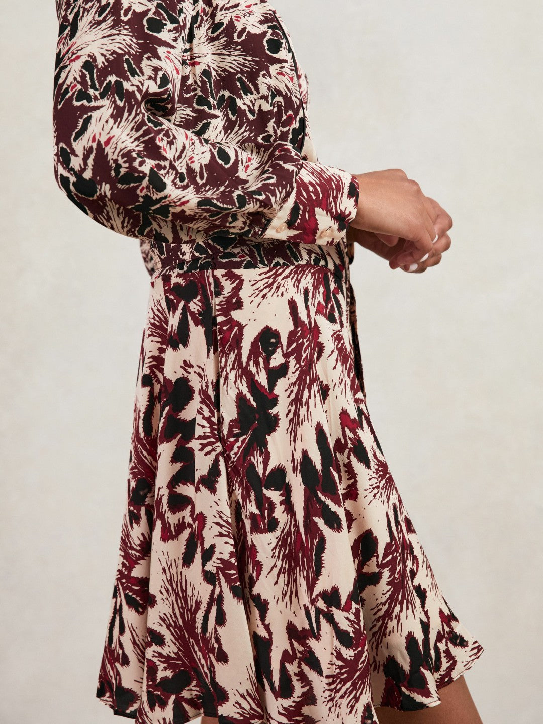 Printed Tie-Waist Flippy Mini Dress in Burgundy/Cream Women | Reiss