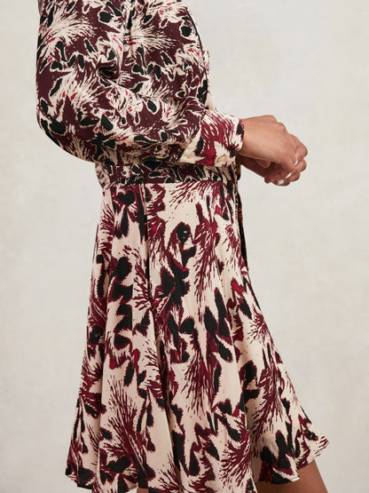 Printed Tie-Waist Flippy Mini Dress in Burgundy/Cream Women | Reiss
