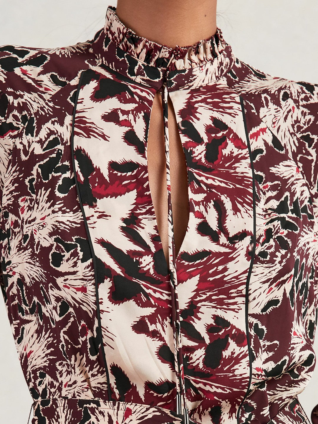 Printed Tie-Waist Flippy Mini Dress in Burgundy/Cream Women | Reiss