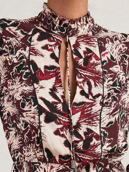 Printed Tie-Waist Flippy Mini Dress in Burgundy/Cream Women | Reiss