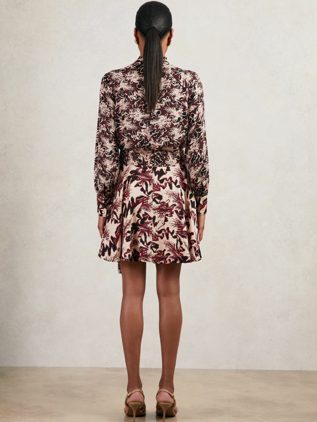 Printed Tie-Waist Flippy Mini Dress in Burgundy/Cream Women | Reiss