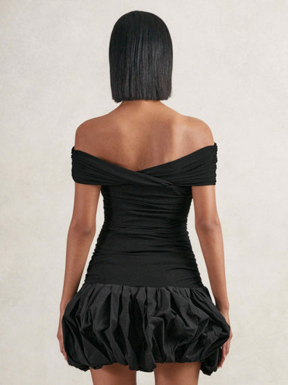 Off-Shoulder Puffball Mini Dress in Black Women | Reiss