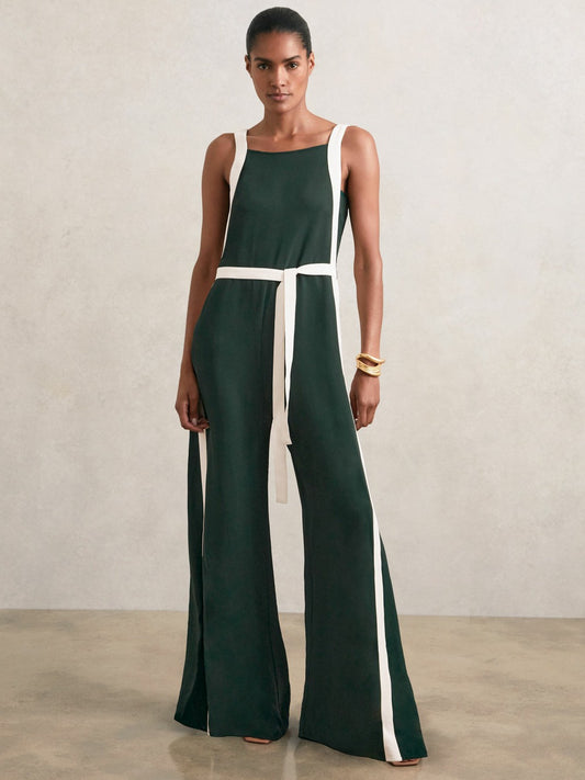 Colourblock Wide Leg Belted Jumpsuit in Dark Green/Cream Women | Reiss