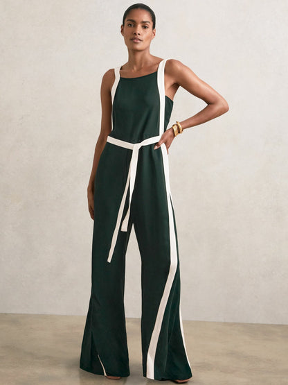 Colourblock Wide Leg Belted Jumpsuit in Dark Green/Cream Women | Reiss