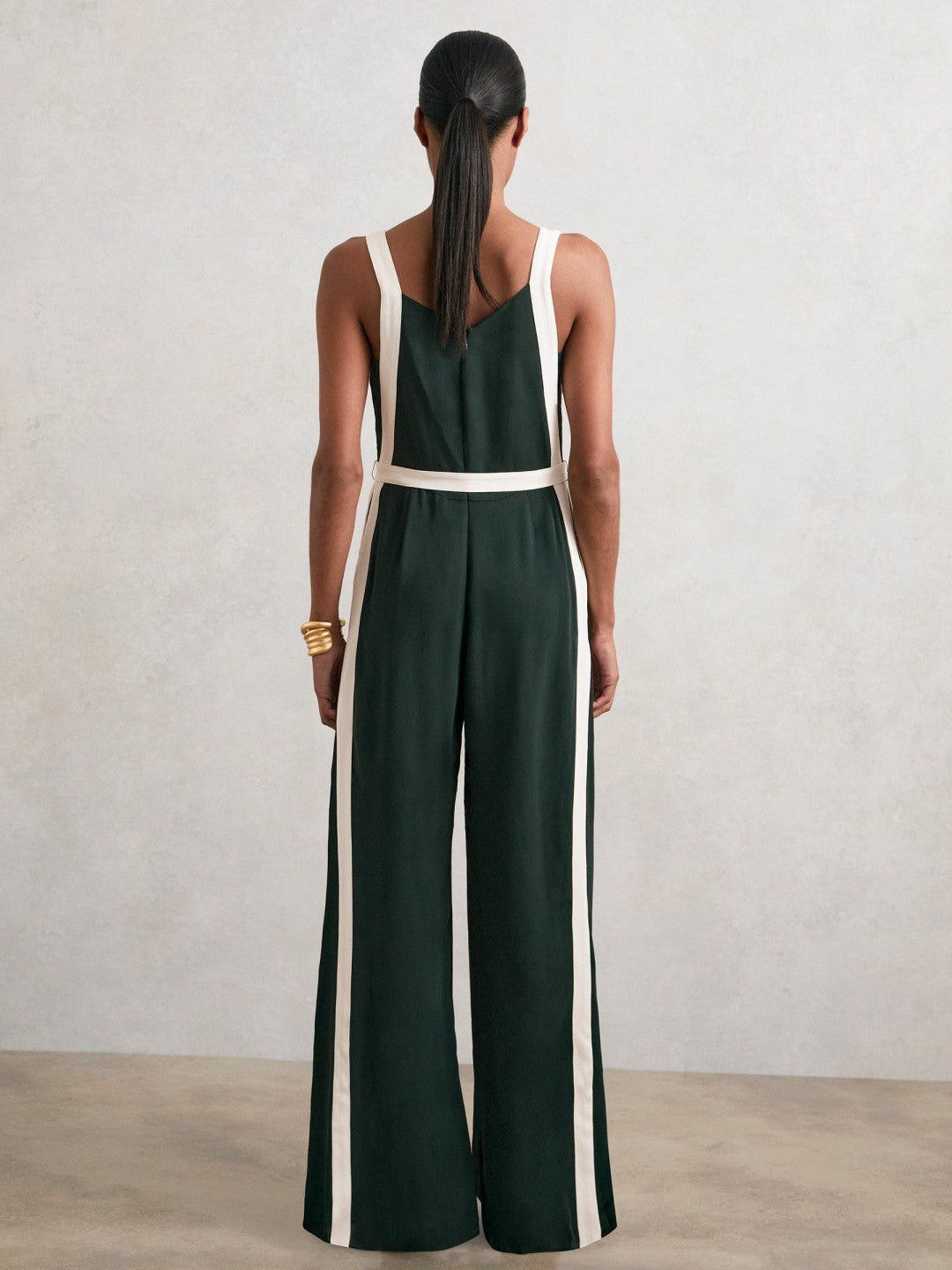 Colourblock Wide Leg Belted Jumpsuit in Dark Green/Cream Women | Reiss