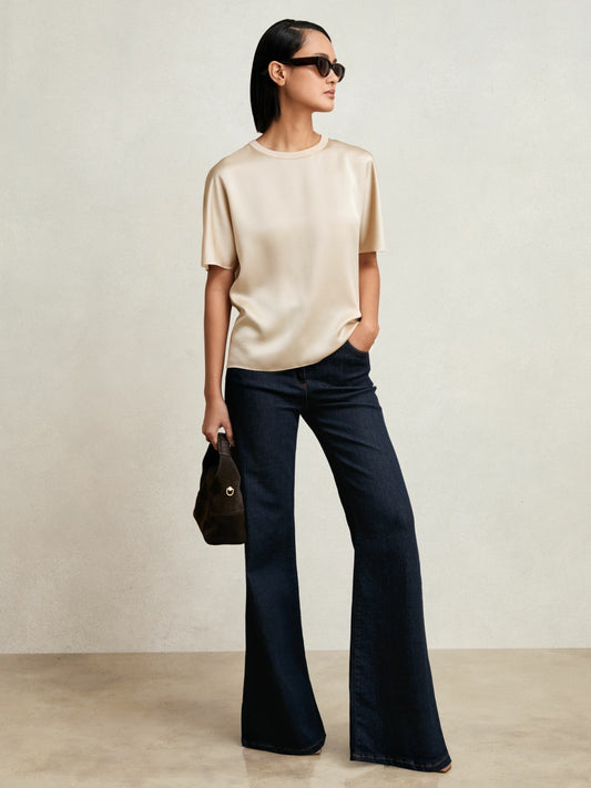 Silk Short-Sleeve Top in Champagne Neutral Women | Reiss