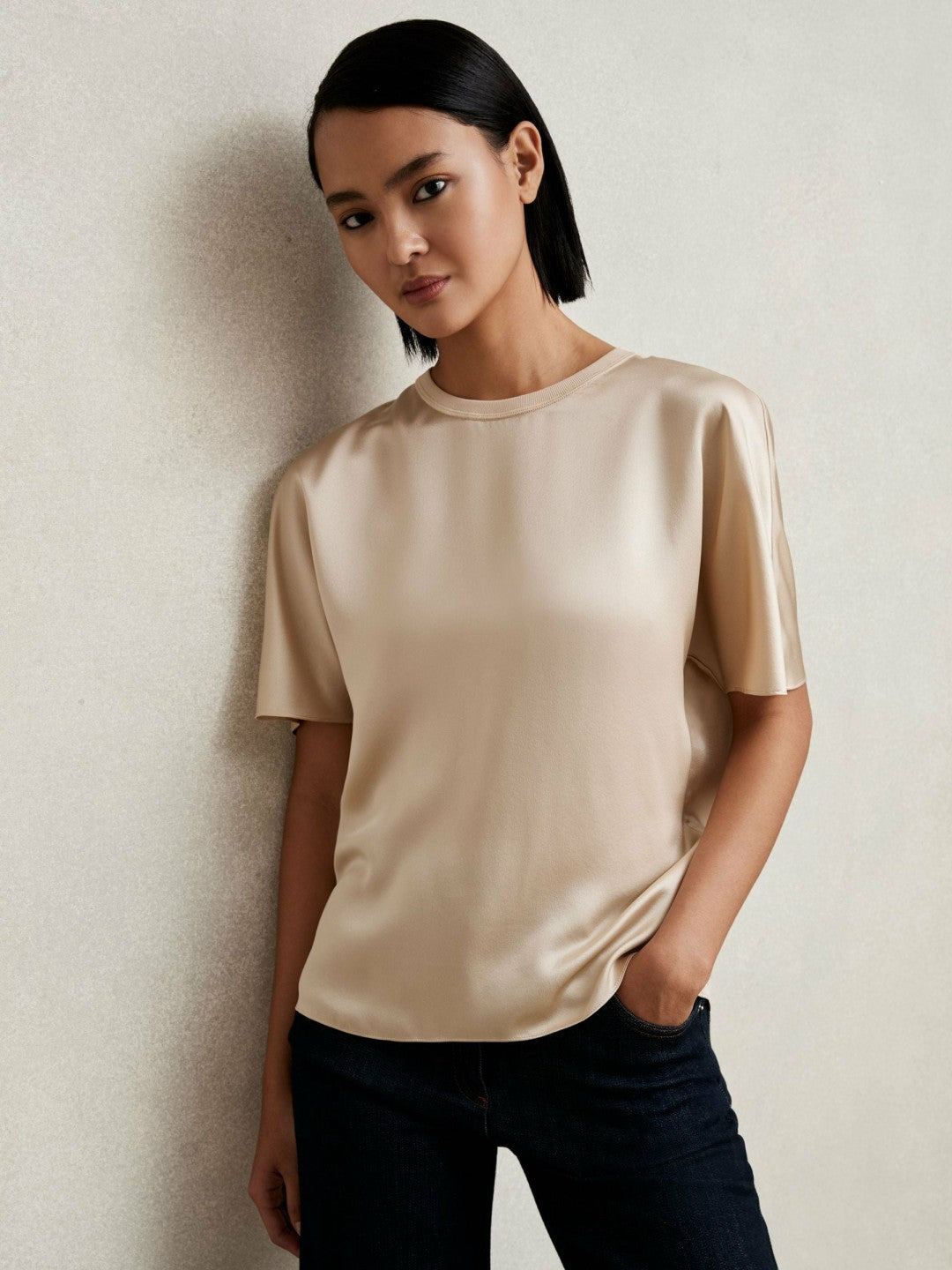Silk Short-Sleeve Top in Champagne Neutral Women | Reiss