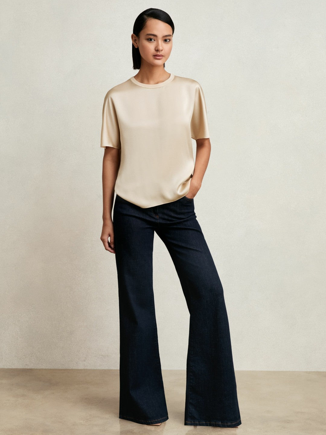 Silk Short-Sleeve Top in Champagne Neutral Women | Reiss