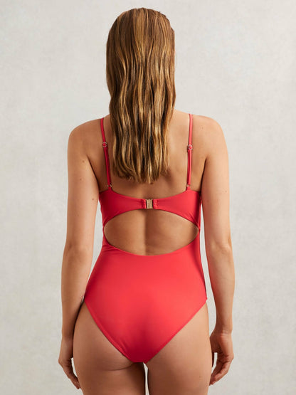 Hardware-Strap Cut-Out Swimsuit in Coral Red Women | Reiss