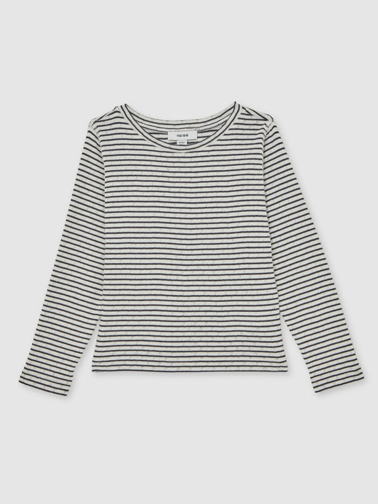 13-14 yrs Cotton Pointelle Long Sleeve Top in Navy/White Children & Baby | Reiss