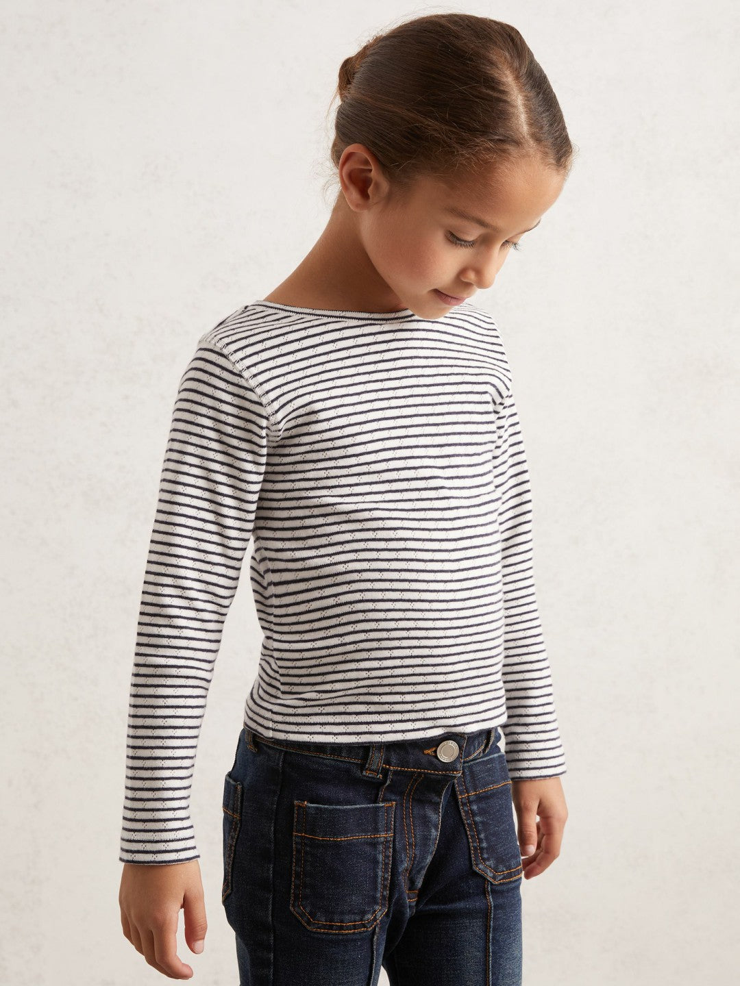 13-14 yrs Cotton Pointelle Long Sleeve Top in Navy/White Children & Baby | Reiss