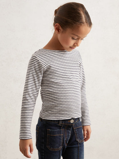 13-14 yrs Cotton Pointelle Long Sleeve Top in Navy/White Children & Baby | Reiss