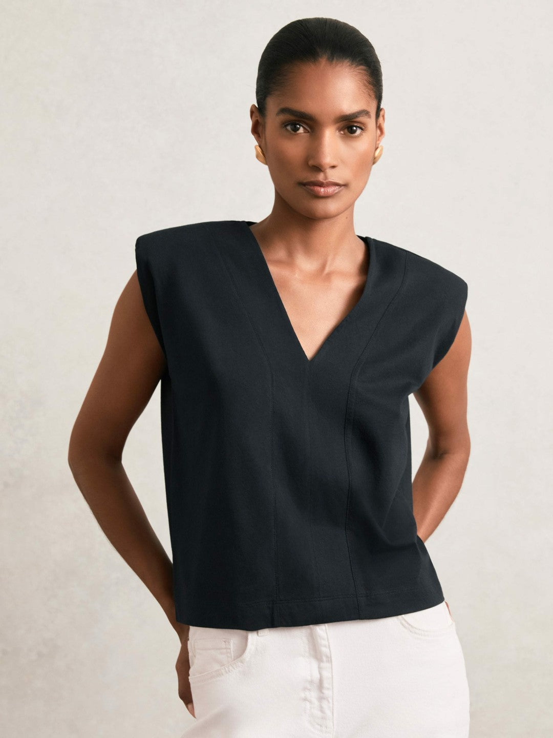Cotton Shoulder-Pad V-Neck Top in Navy Women | Reiss