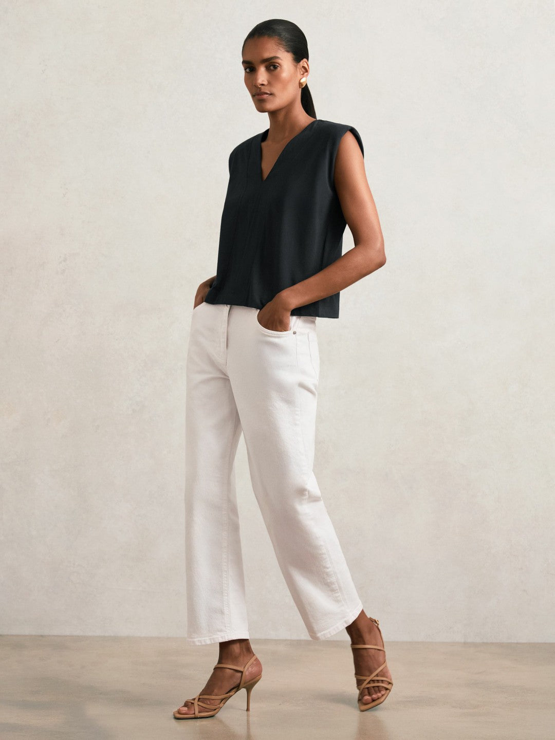 Cotton Shoulder-Pad V-Neck Top in Navy Women | Reiss