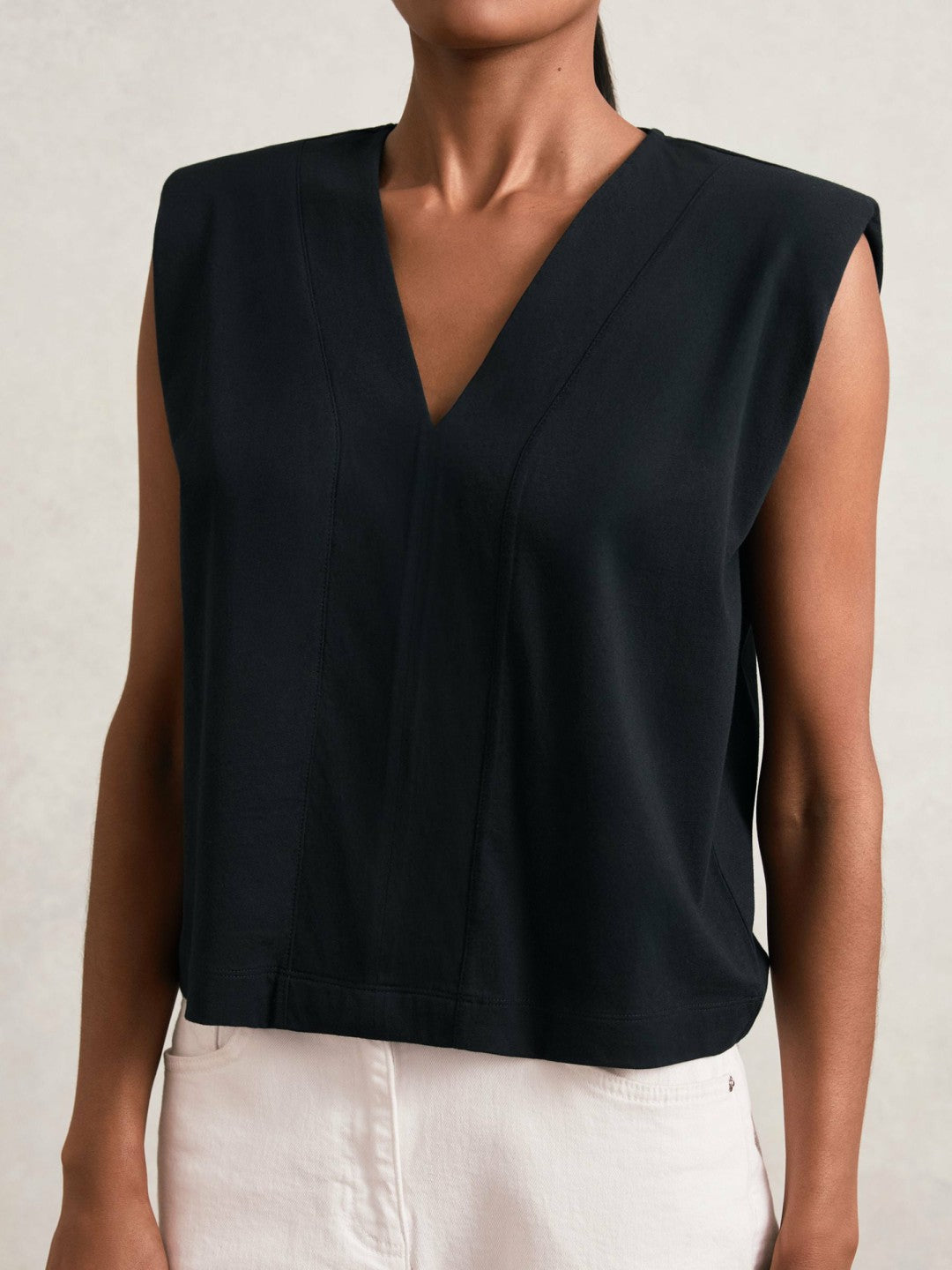 Cotton Shoulder-Pad V-Neck Top in Navy Women | Reiss