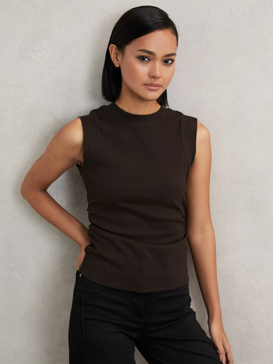 Ribbed Ruched Waist Vest in Chocolate Women | Reiss