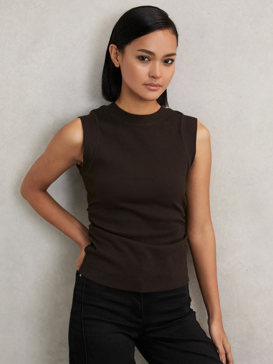 Ribbed Ruched Waist Vest in Chocolate Women | Reiss