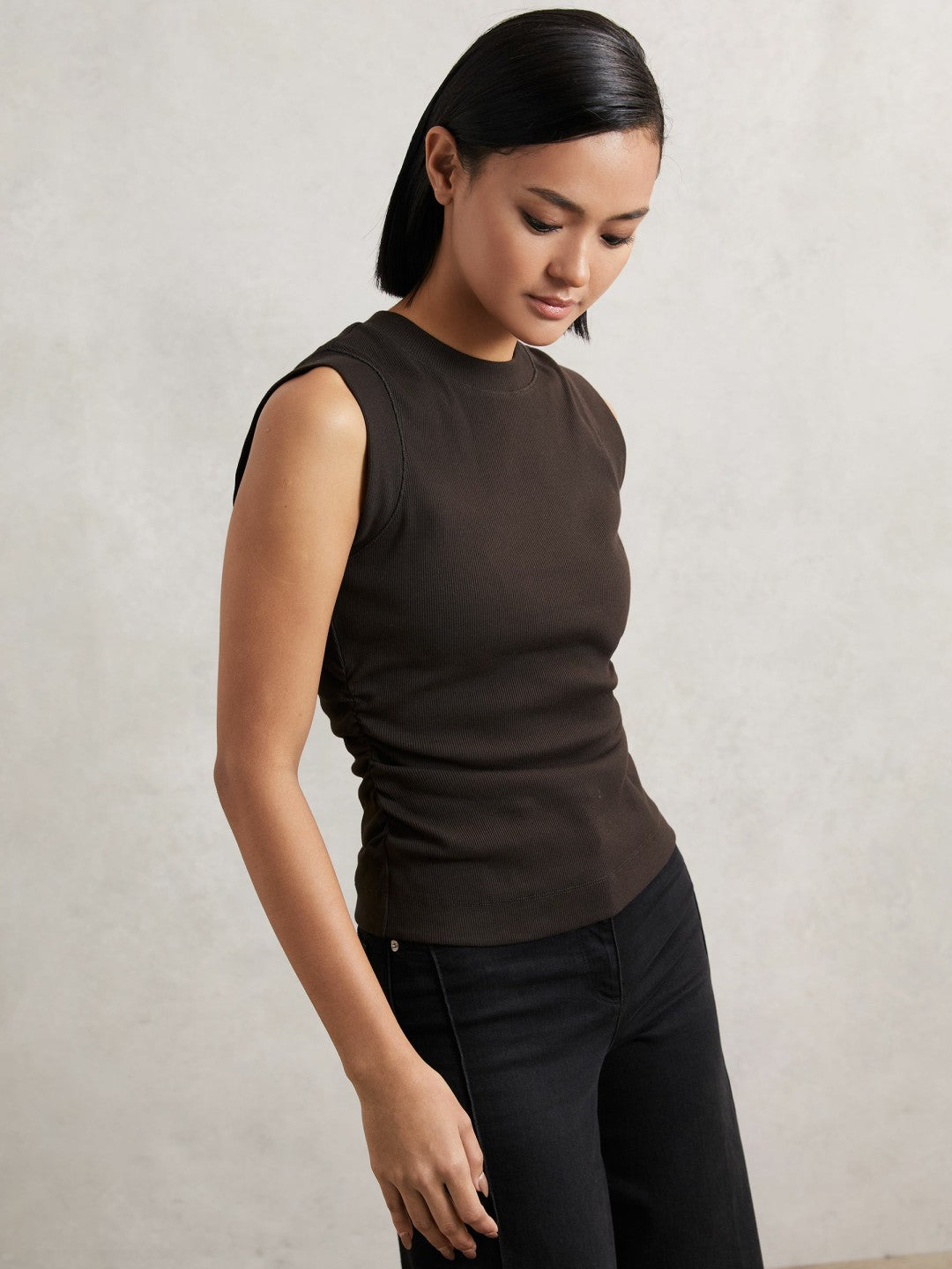 Ribbed Ruched Waist Vest in Chocolate Women | Reiss