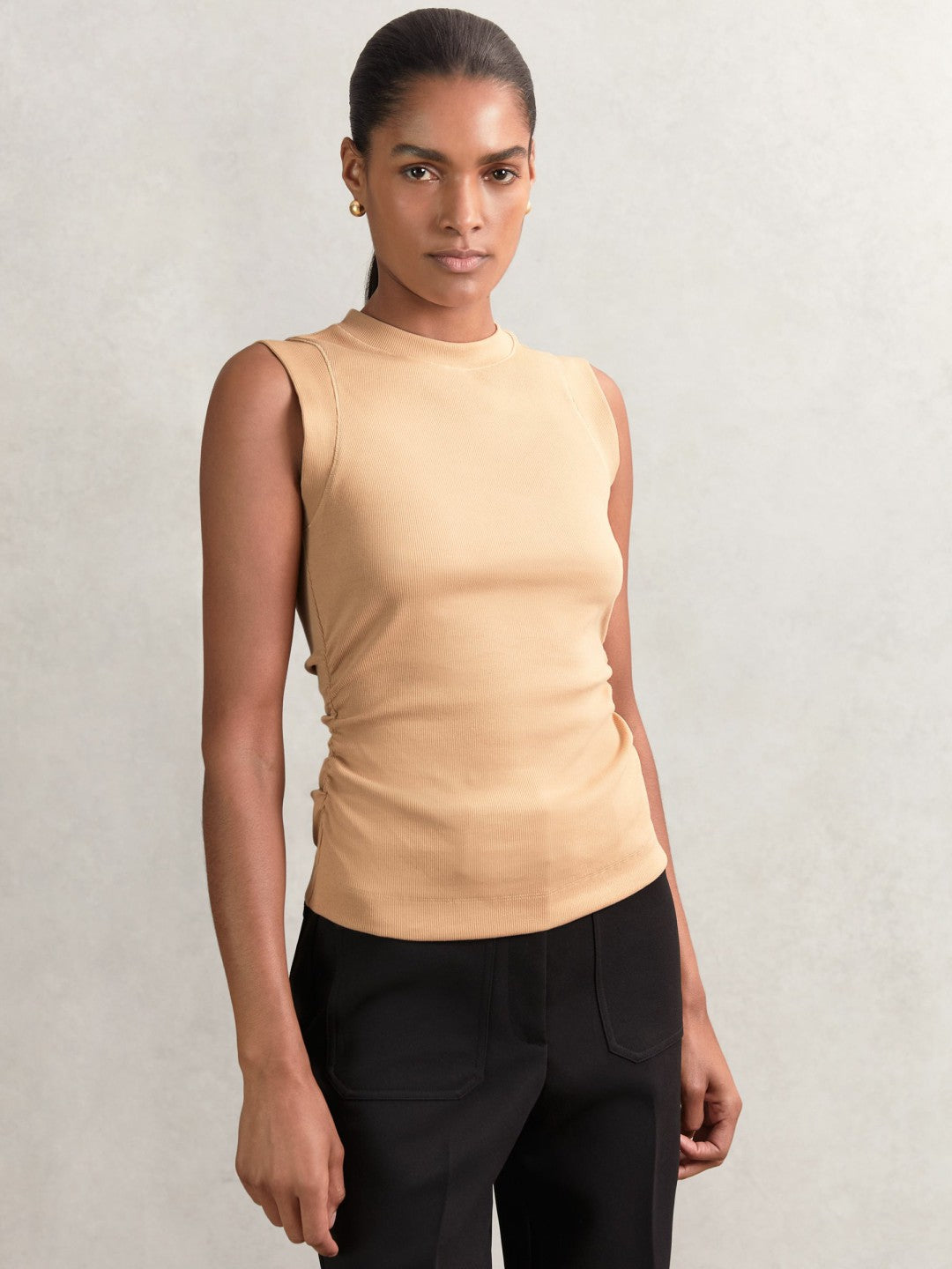 Fine-Rib Ruched Vest Top in Camel Women | Reiss