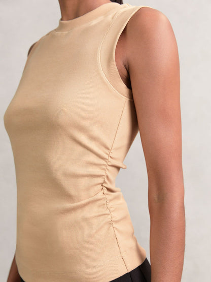 Fine-Rib Ruched Vest Top in Camel Women | Reiss