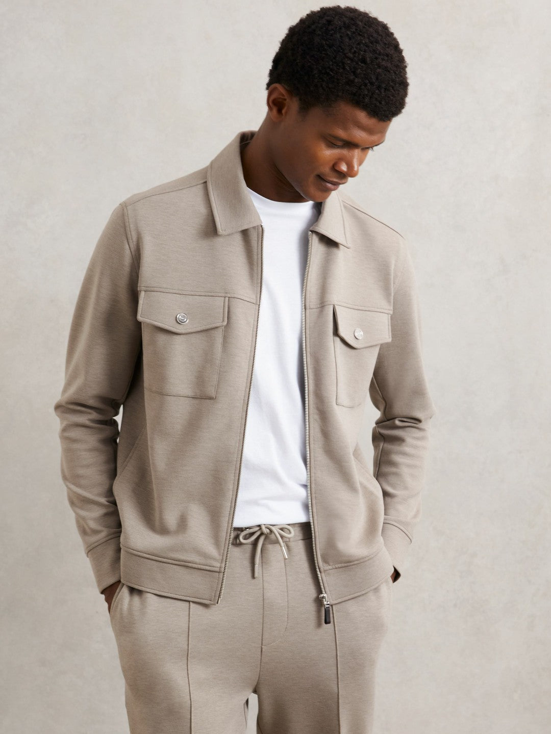 Interlock Jersey Zip-Through Jacket in Taupe Brown Men | Reiss