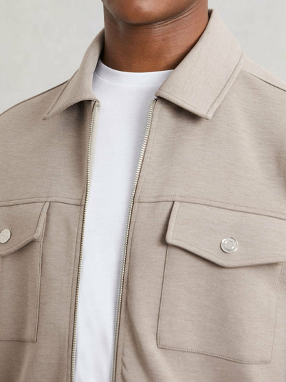 Interlock Jersey Zip-Through Jacket in Taupe Brown Men | Reiss