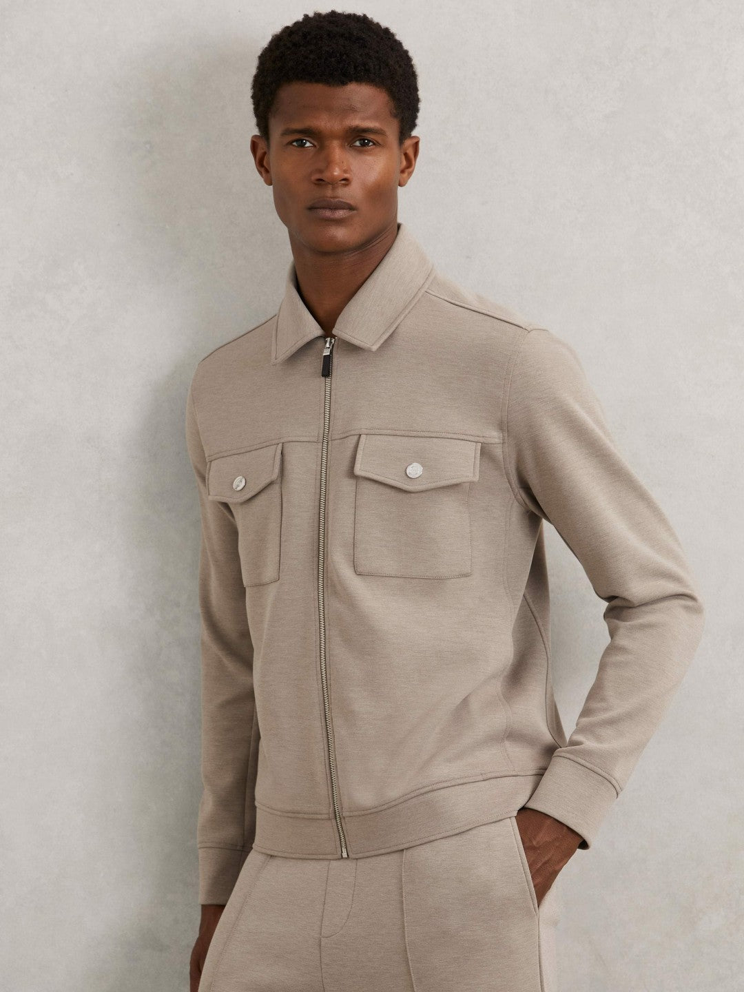 Interlock Jersey Zip-Through Jacket in Taupe Brown Men | Reiss