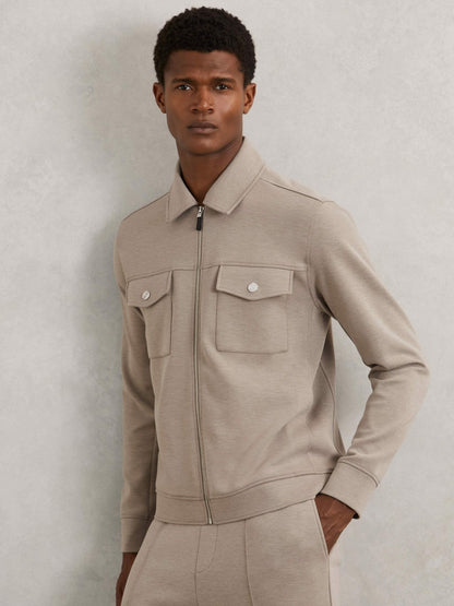 Interlock Jersey Zip-Through Jacket in Taupe Brown Men | Reiss