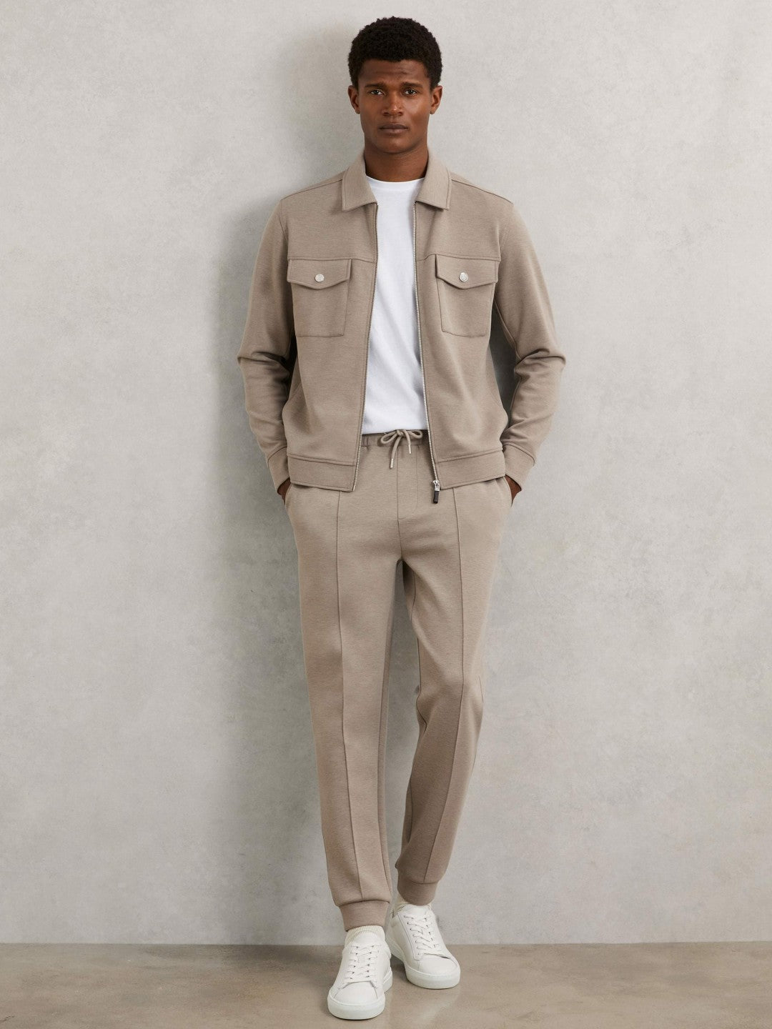 Interlock Jersey Zip-Through Jacket in Taupe Brown Men | Reiss