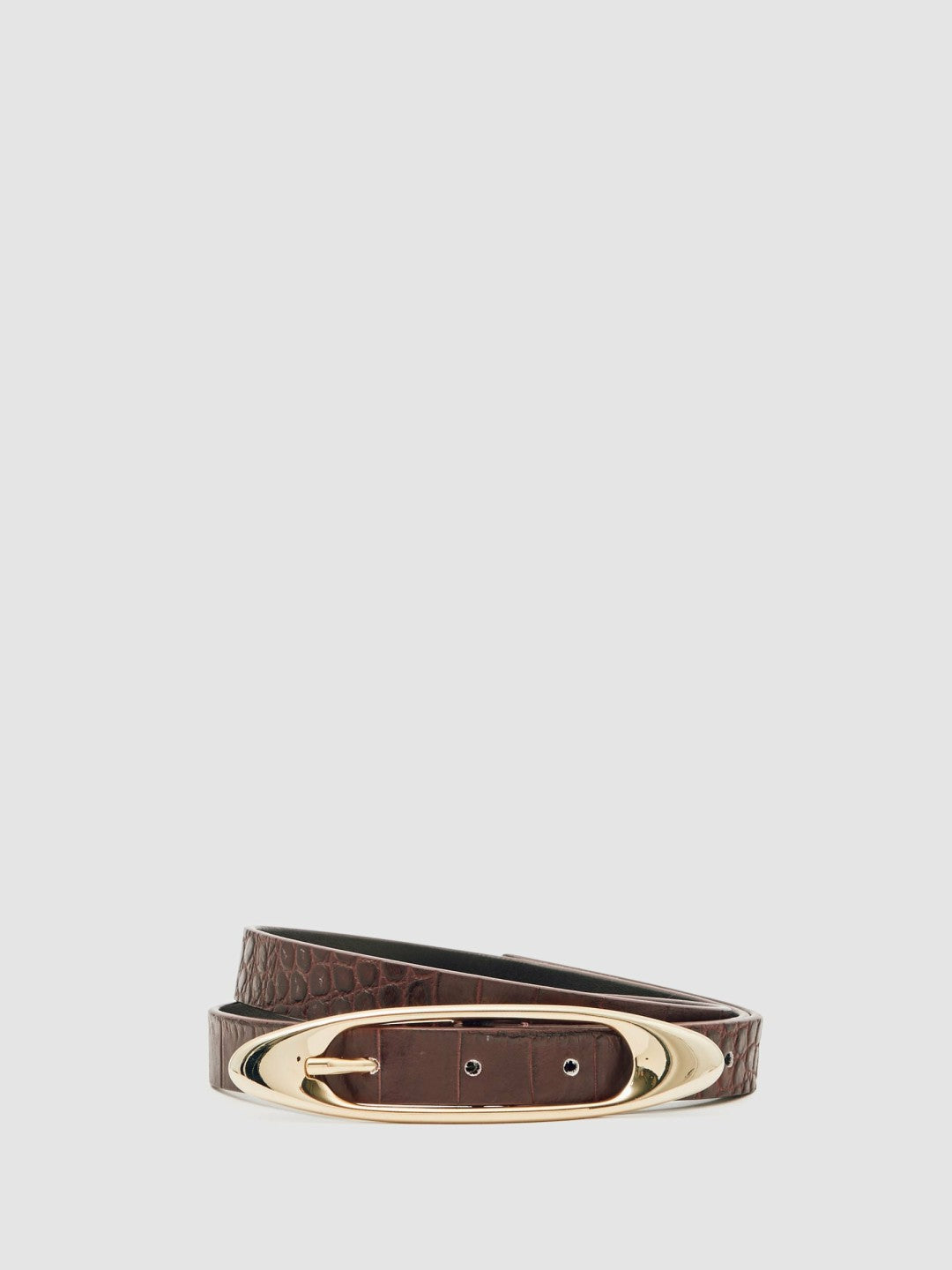 Croc-Effect Leather Oval-Buckle Belt in Burgundy Women | Reiss