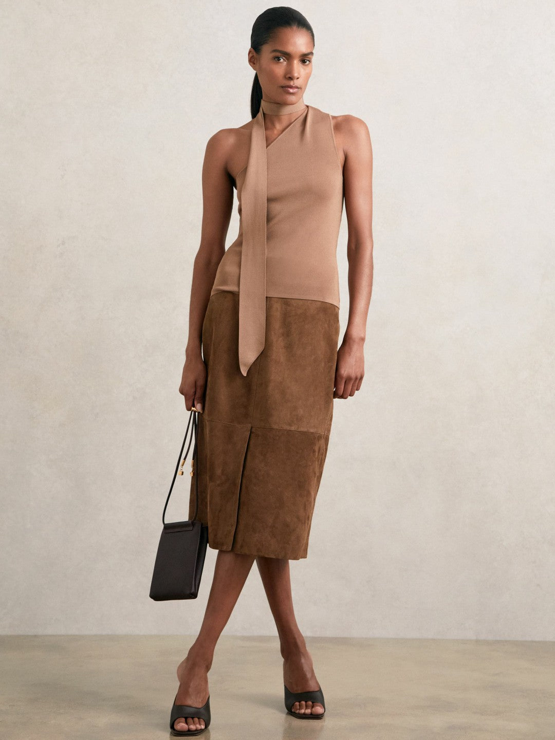 Suede Straight-Fit Midi Skirt in Tan Brown Women | Reiss