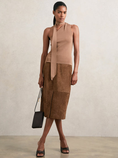 Suede Straight-Fit Midi Skirt in Tan Brown Women | Reiss