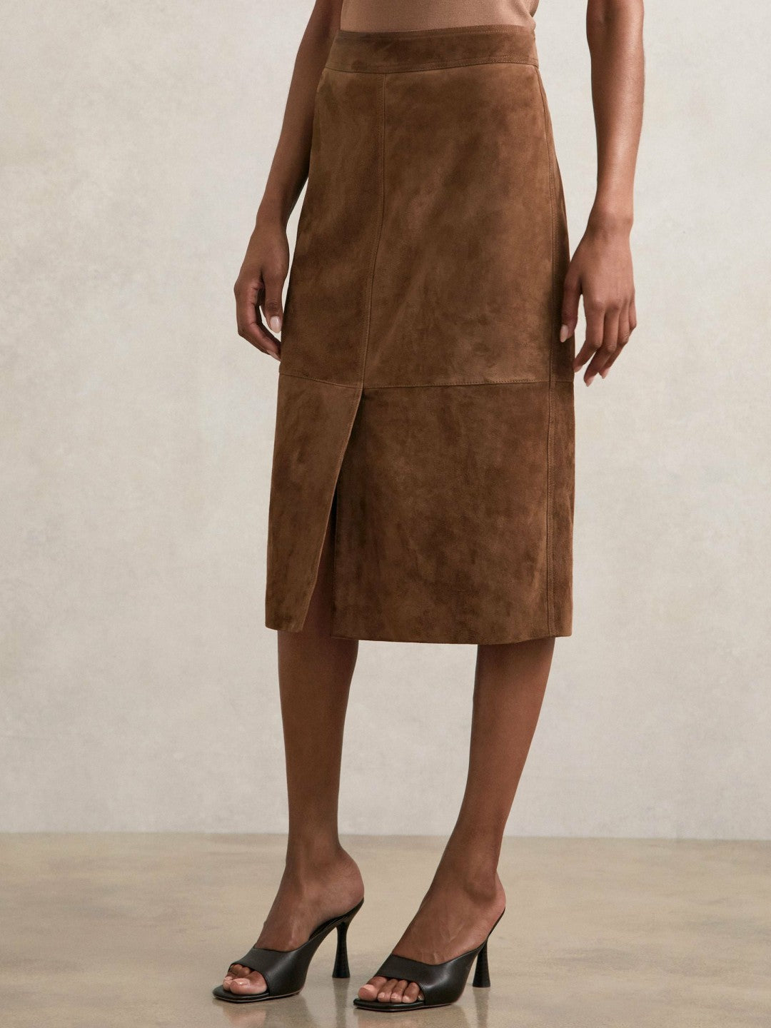 Suede Straight-Fit Midi Skirt in Tan Brown Women | Reiss