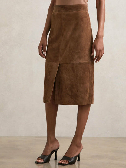 Suede Straight-Fit Midi Skirt in Tan Brown Women | Reiss