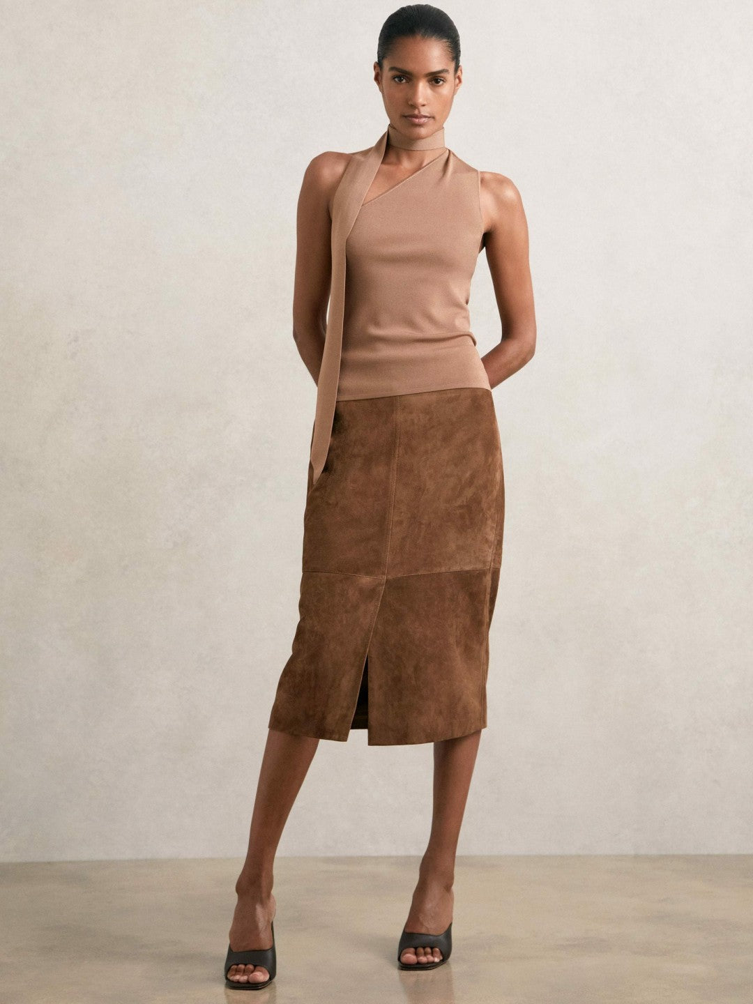 Suede Straight-Fit Midi Skirt in Tan Brown Women | Reiss