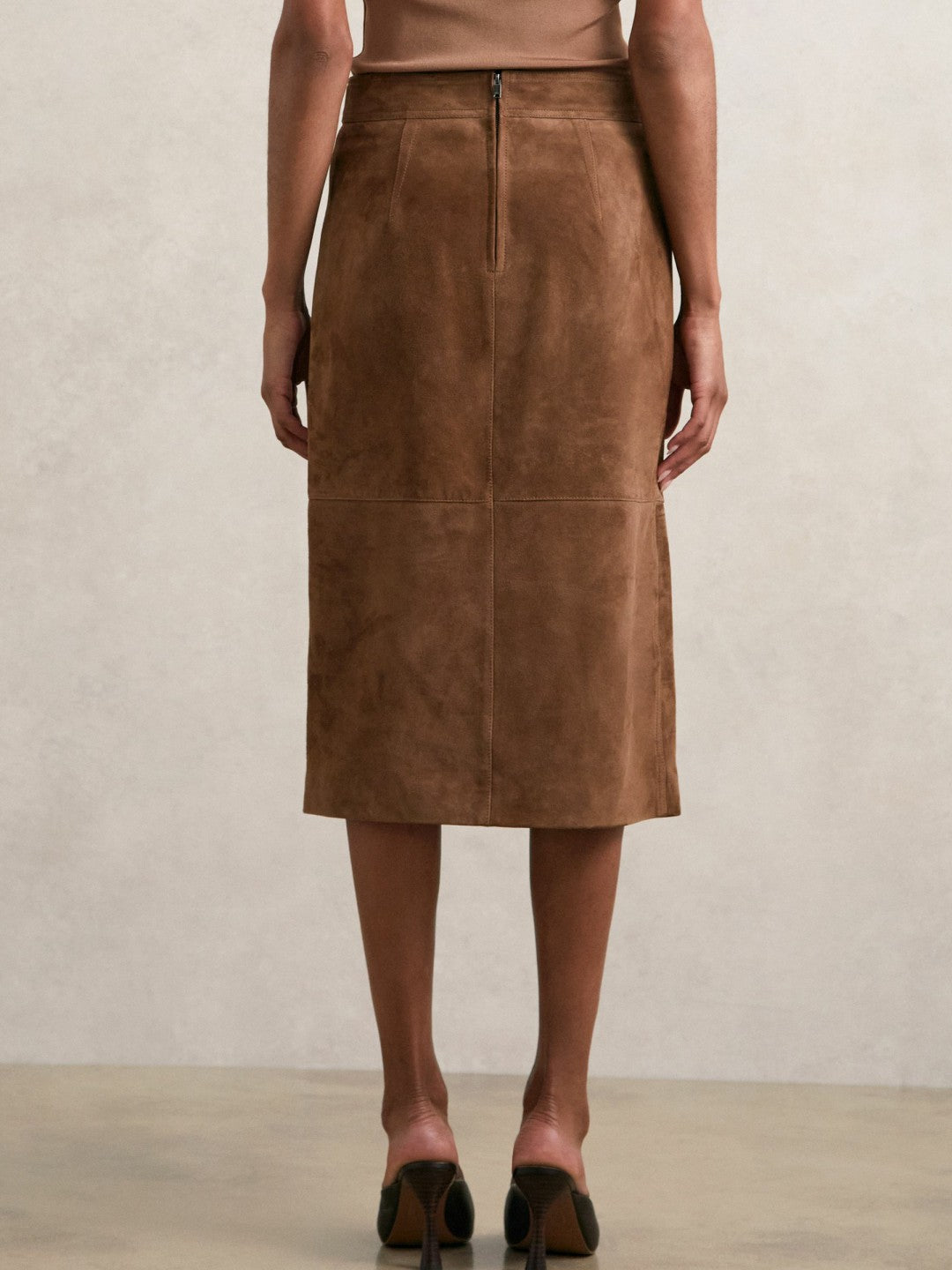 Suede Straight-Fit Midi Skirt in Tan Brown Women | Reiss