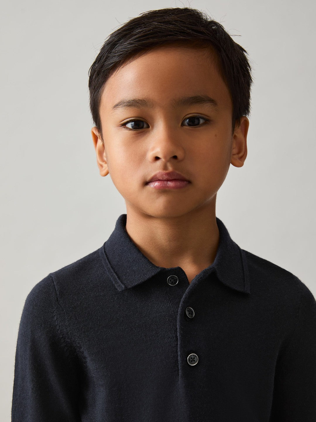 9-13 yrs Merino Wool Long-Sleeve Polo Shirt in Navy Children & Baby | Reiss